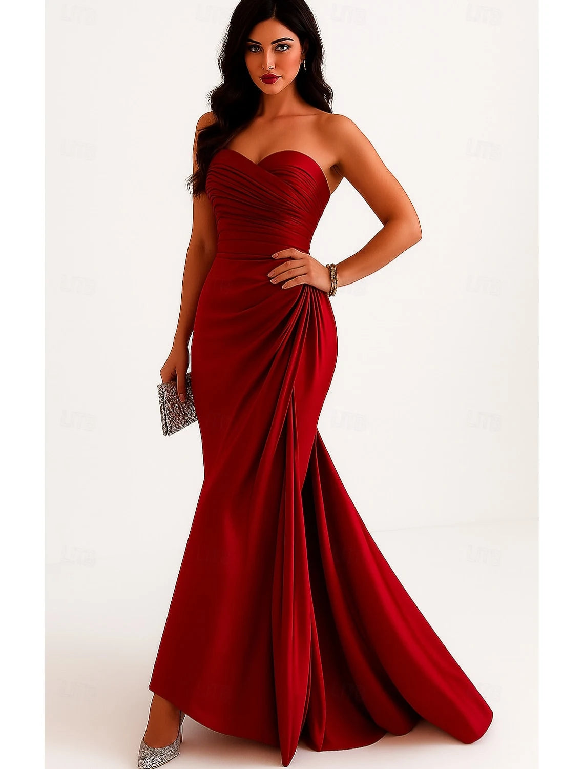 Glamorous Mermaid Strapless Ruched Slit Deep Red Floor-Length Evening Dresses Gown