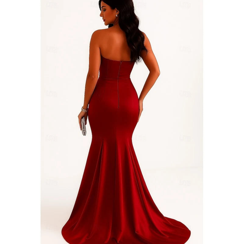 Glamorous Mermaid Strapless Ruched Slit Deep Red Floor-Length Evening Dresses Gown