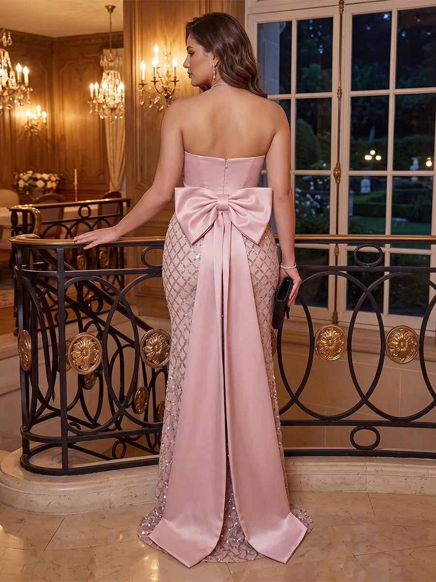 Glamorous Mermaid Strapless Sequin Bow-Back Blush Pink Floor-Length Prom Dress