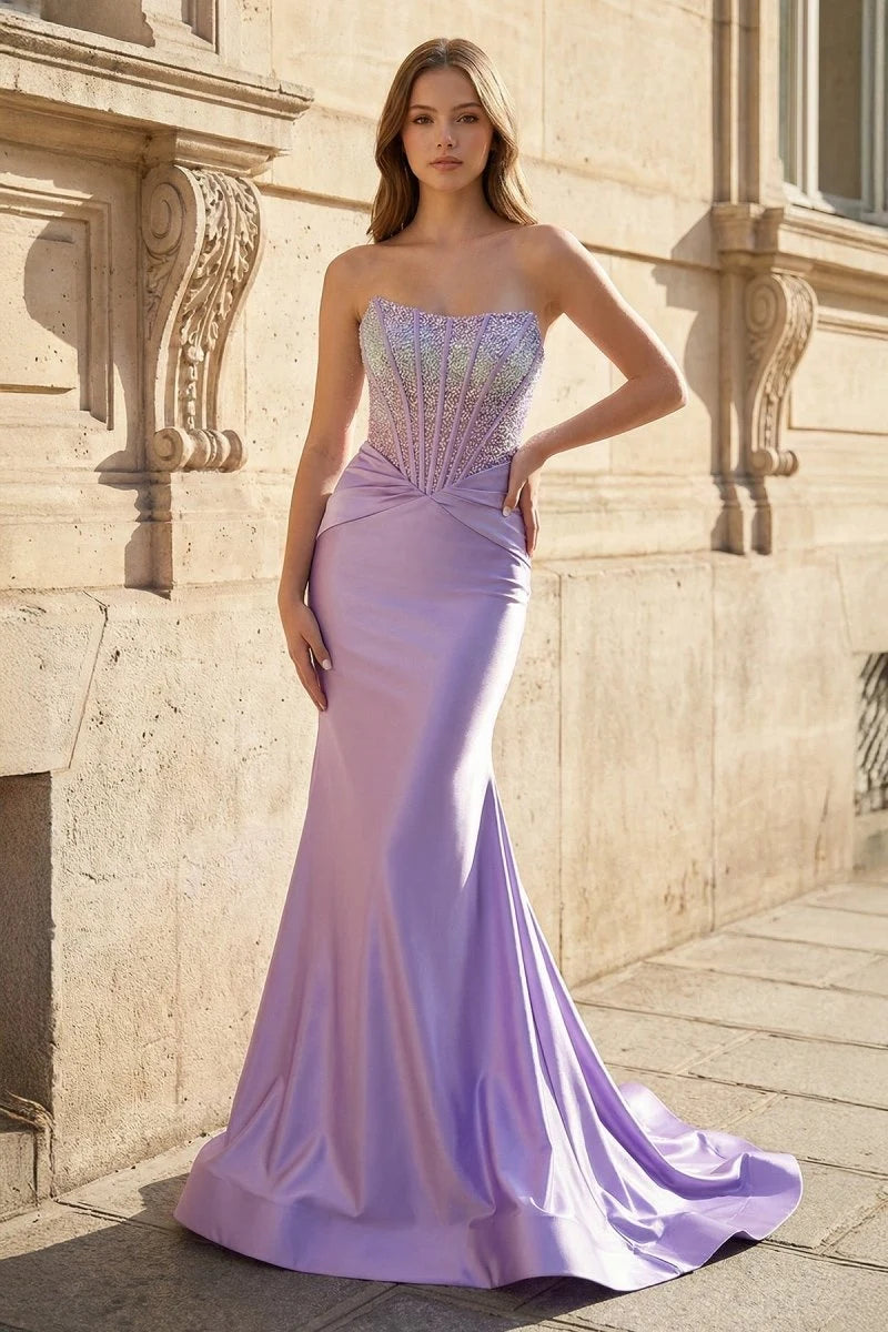 Glamorous Mermaid Strapless Sleeveless Beaded Corset Lilac Long Prom Dresses Women