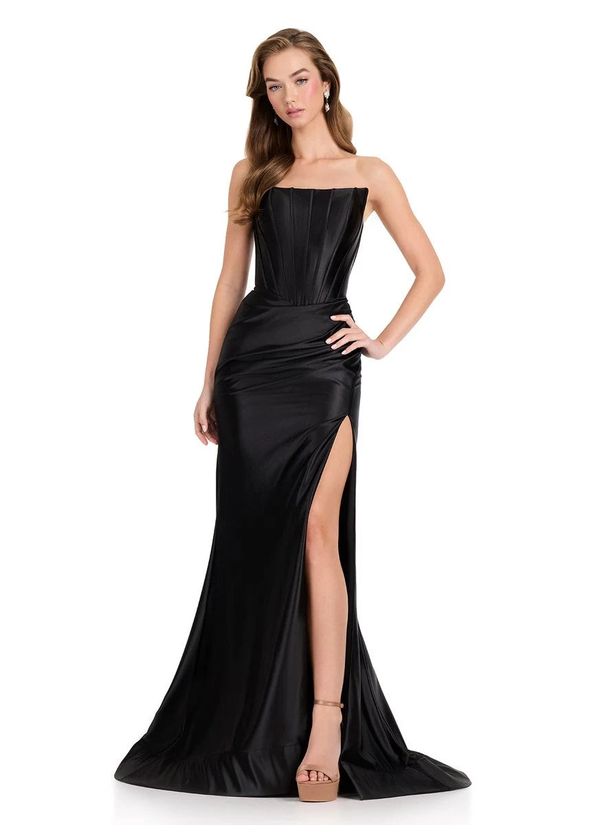 Glamorous Mermaid Strapless Sleeveless Corset High Slit Black Floor-Length Prom Dress