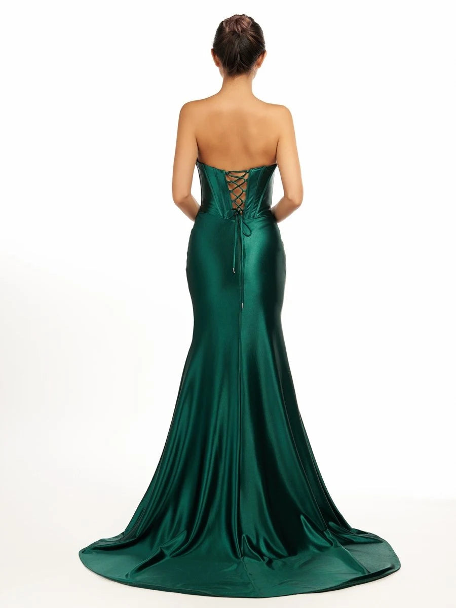 Glamorous Mermaid Strapless Sleeveless Corset Slit Emerald Long Prom Dresses Women