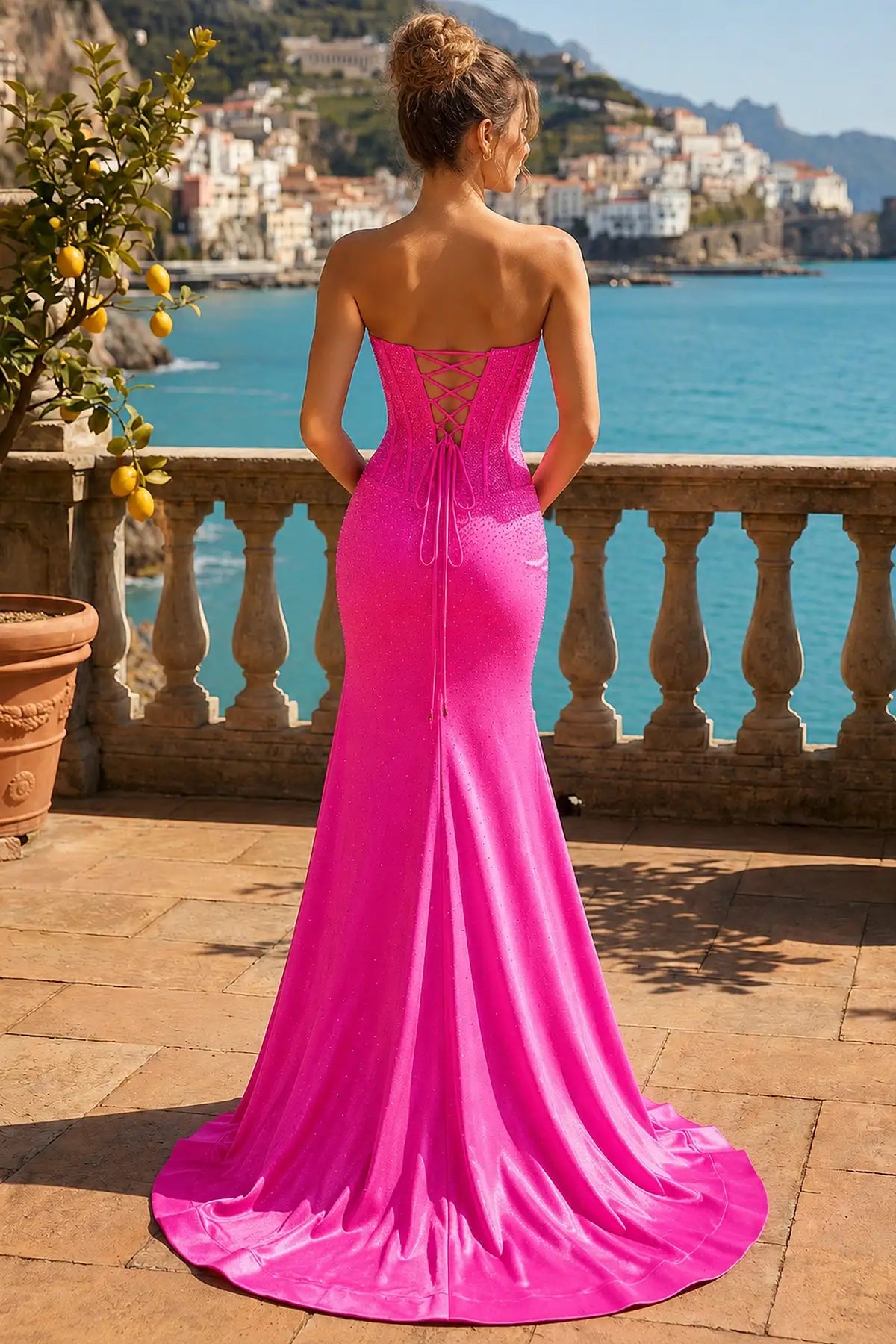 Glamorous Mermaid Strapless Sleeveless Corset Slit Pink Long Prom Dresses Women