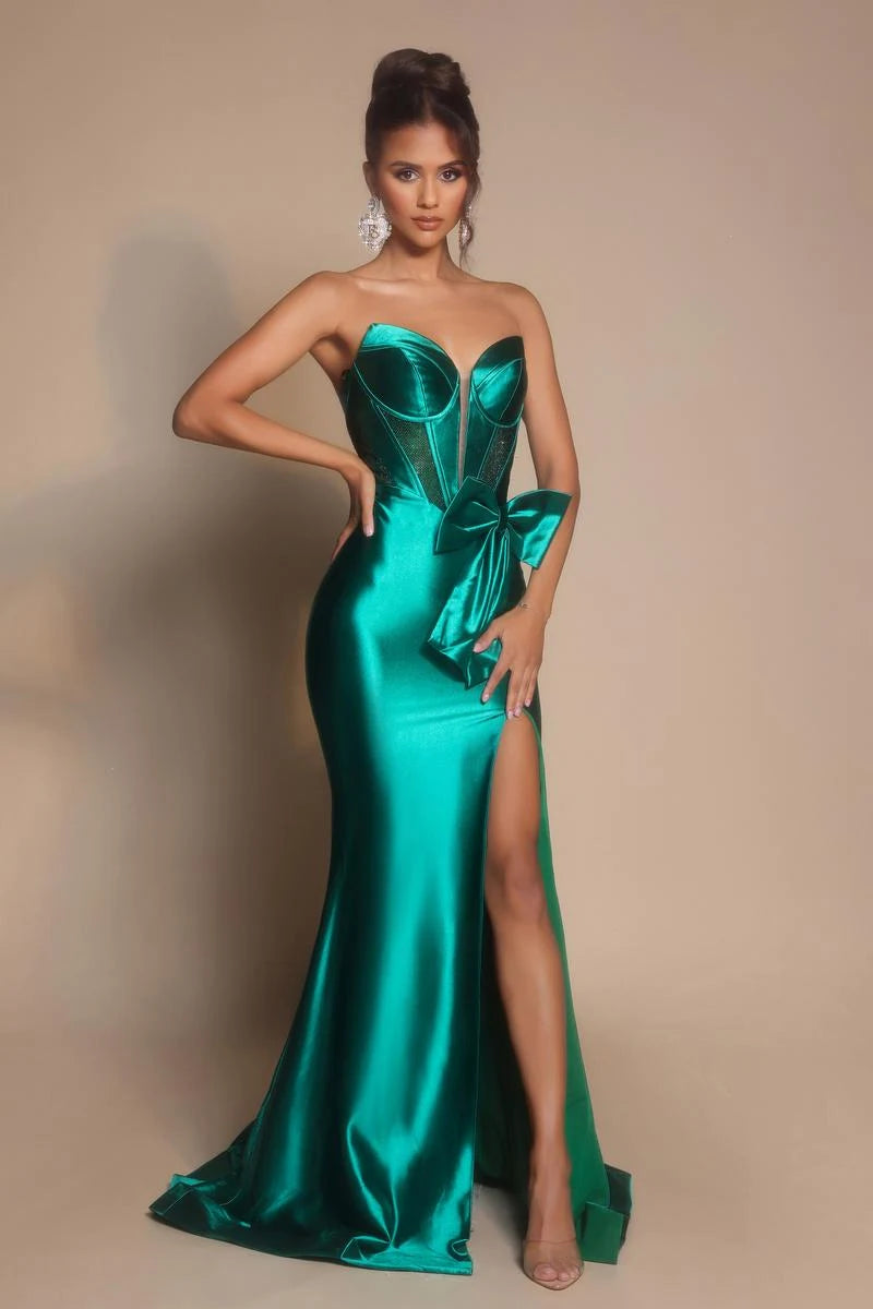 Glamorous Mermaid Strapless Sleeveless High Slit Bow Emerald Green Floor-Length Prom Dress
