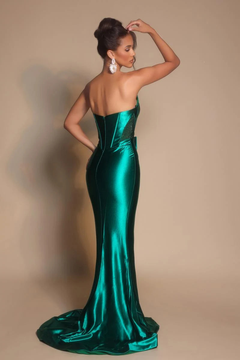 Glamorous Mermaid Strapless Sleeveless High Slit Bow Emerald Green Floor-Length Prom Dress