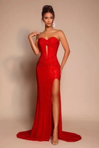 Glamorous Mermaid Strapless Sleeveless Ruched Slit Red Long Prom Dresses Women Gown