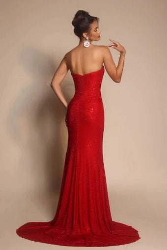 Glamorous Mermaid Strapless Sleeveless Ruched Slit Red Long Prom Dresses Women Gown