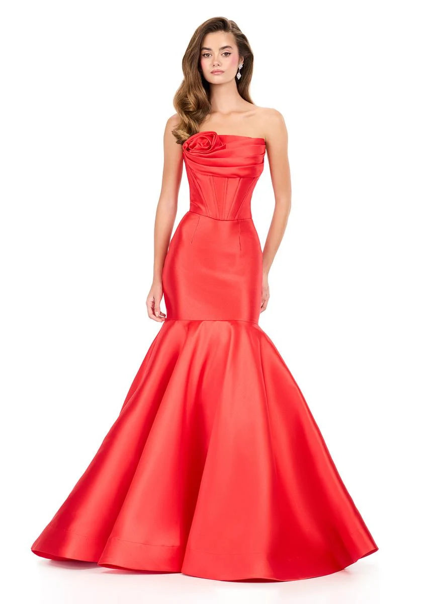 Glamorous Mermaid Strapless Sweetheart Elegant Rose-Adorned Scarlet Floor-Length Prom Dresses Gown