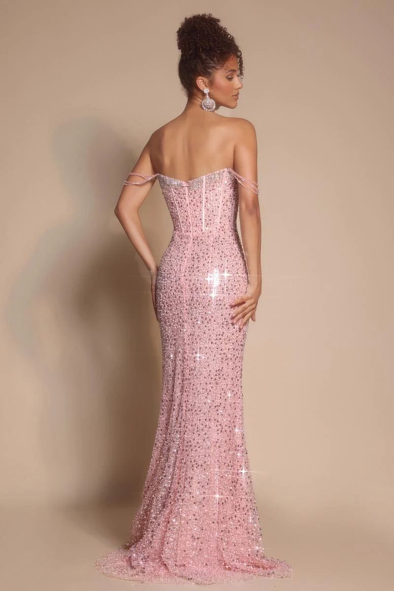 Glamorous Mermaid Strapless Sweetheart Sequin High Slit Blush Pink Floor-Length Prom Gown