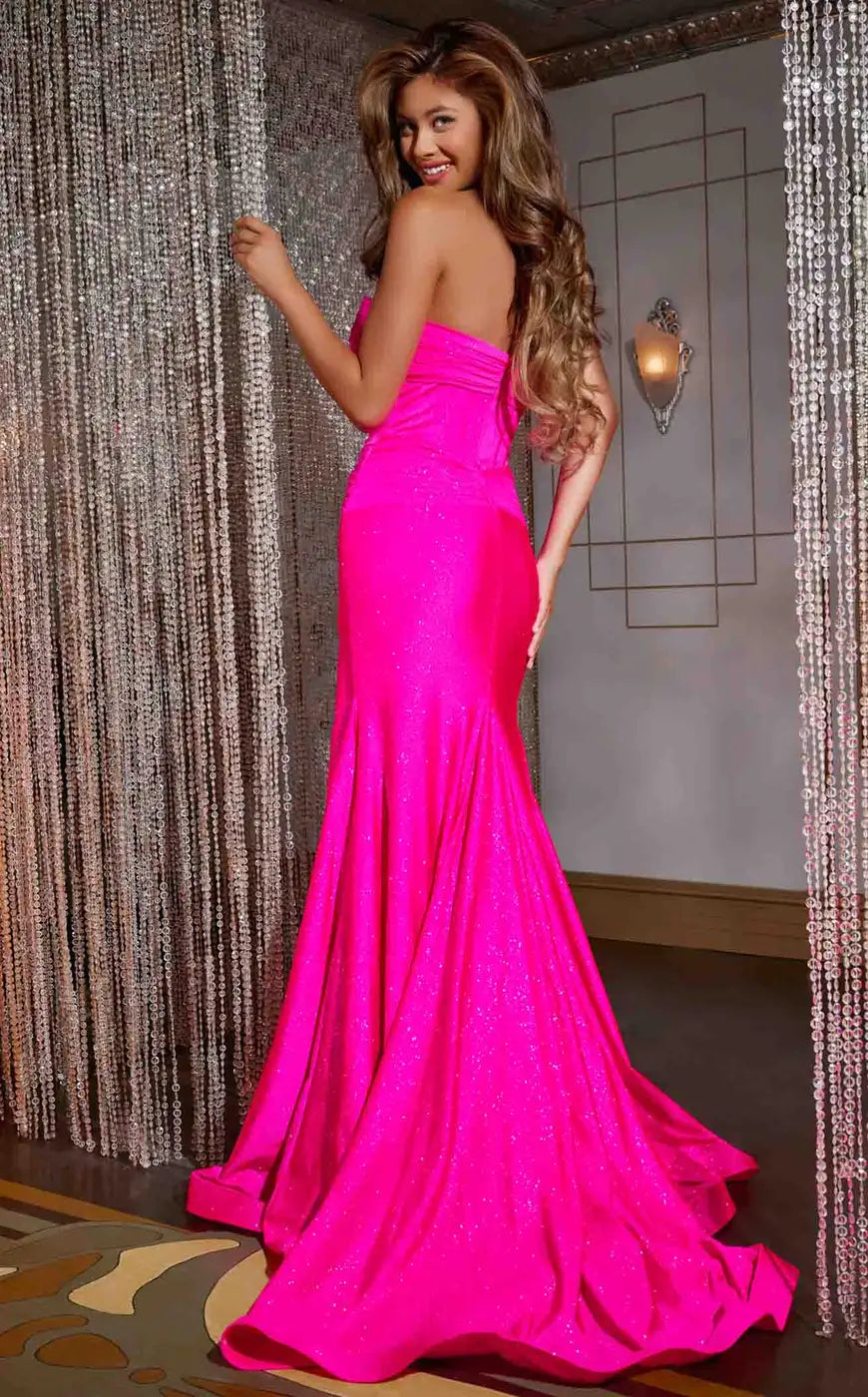 Glamorous Mermaid Strapless Sweetheart Sparkling High Slit Hot Pink Floor-Length Prom Dress