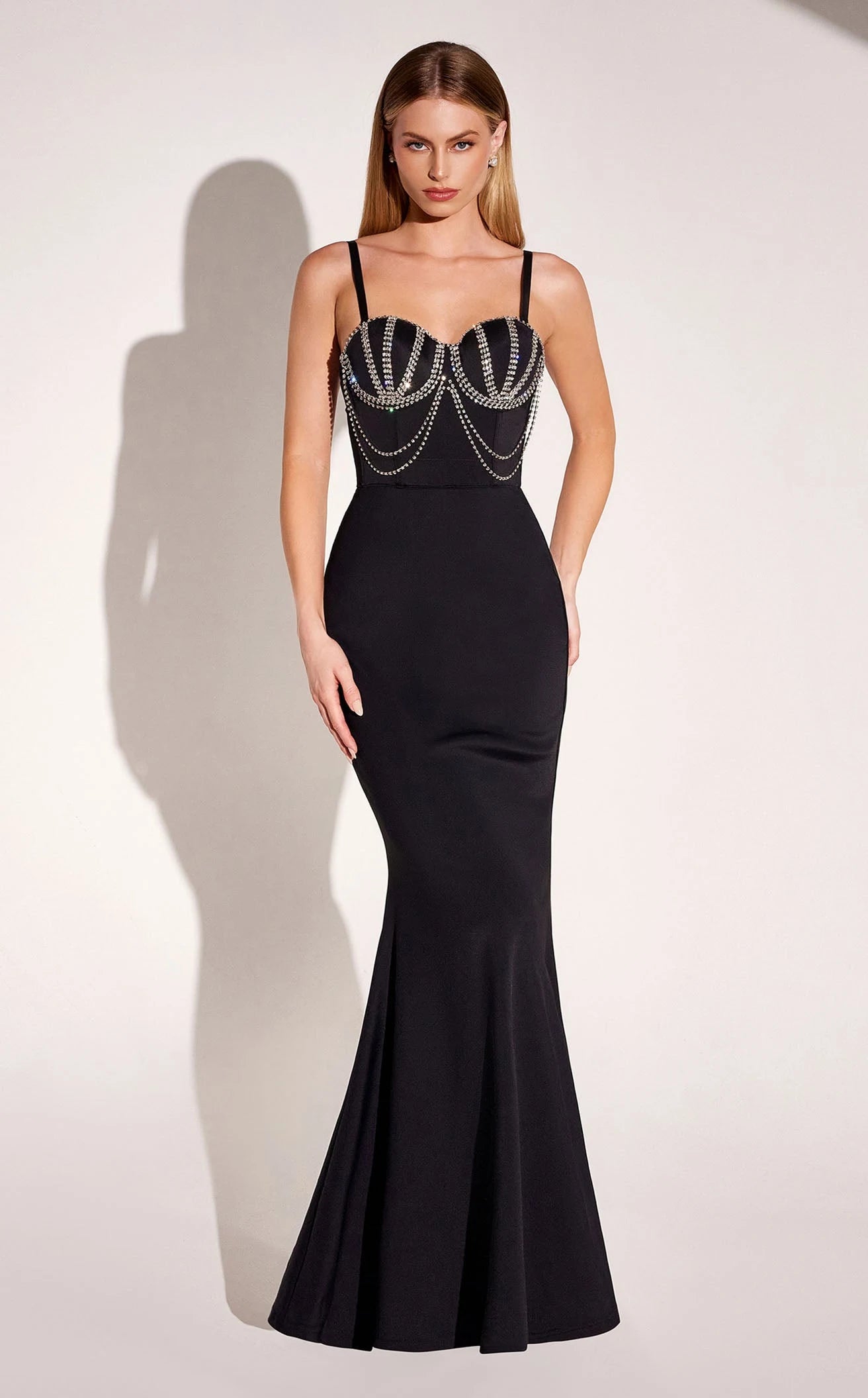 Glamorous Mermaid Sweetheart Sleeveless Beaded Chain Black Floor-Length Prom Dress Women's Gown