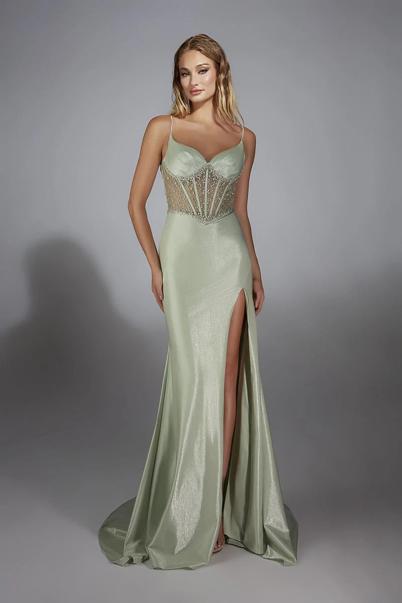 Glamorous Mermaid Sweetheart Sleeveless Beaded High-Slit Sage Green Floor-Length Prom Gown