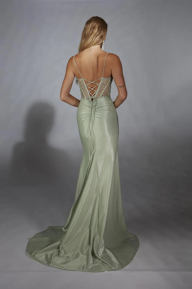Glamorous Mermaid Sweetheart Sleeveless Beaded High-Slit Sage Green Floor-Length Prom Gown
