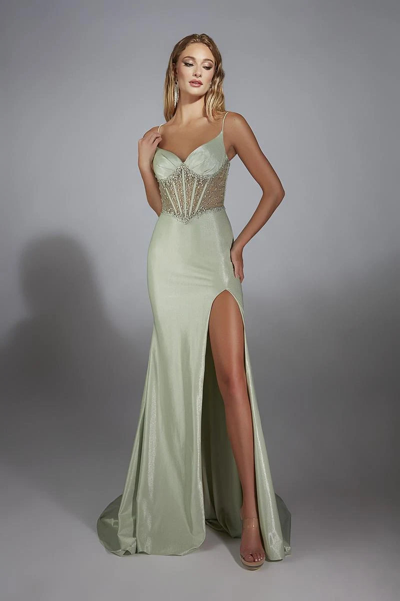 Glamorous Mermaid Sweetheart Sleeveless Beaded High-Slit Sage Green Floor-Length Prom Gown