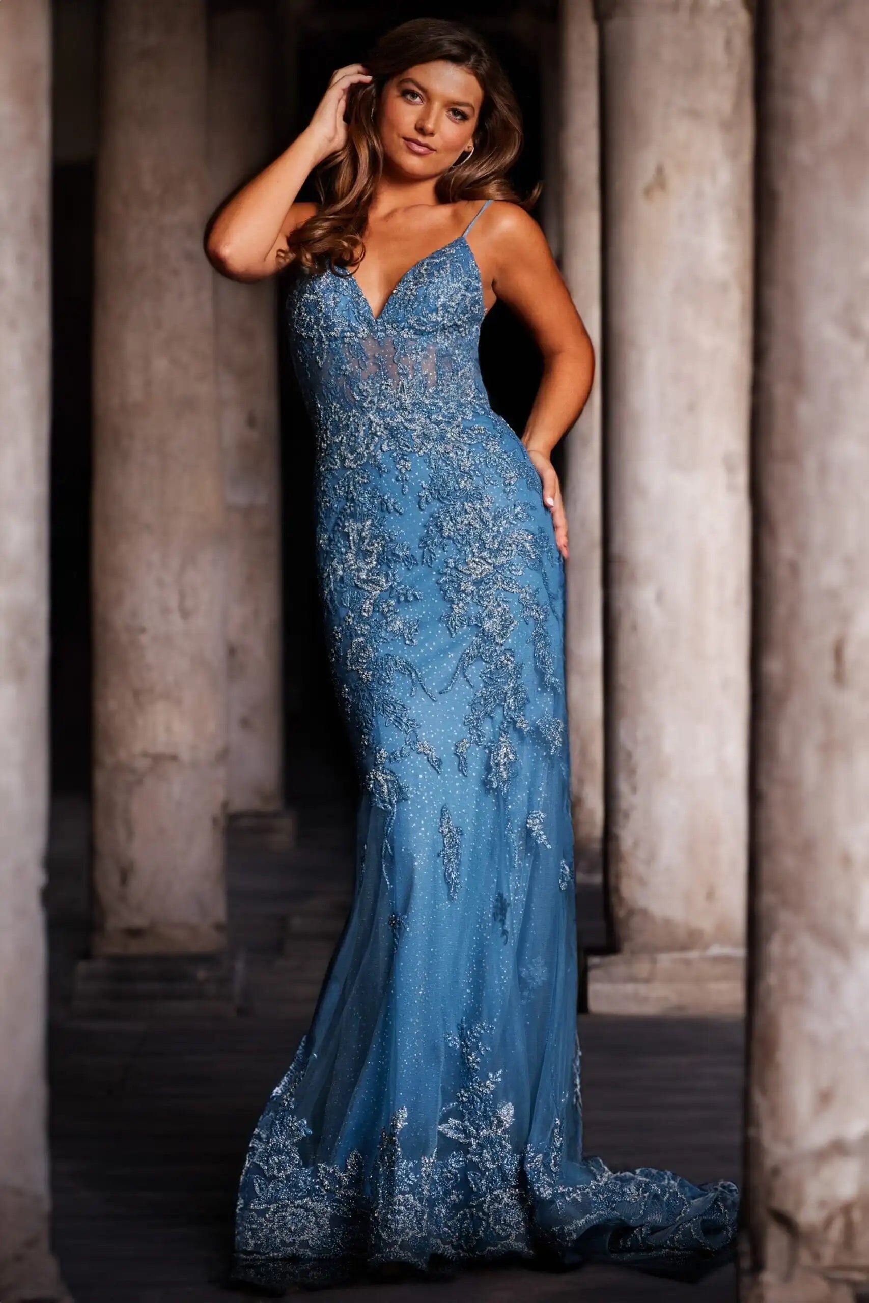 Glamorous Mermaid Sweetheart Sleeveless Beaded Illusion Dusty Blue Floor-Length Prom Gown