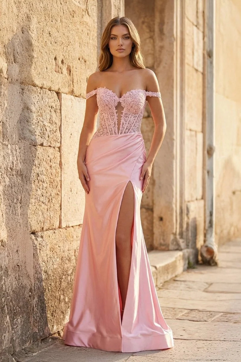 Glamorous Mermaid Sweetheart Sleeveless Corset Slit Pink Long Prom Dresses Women