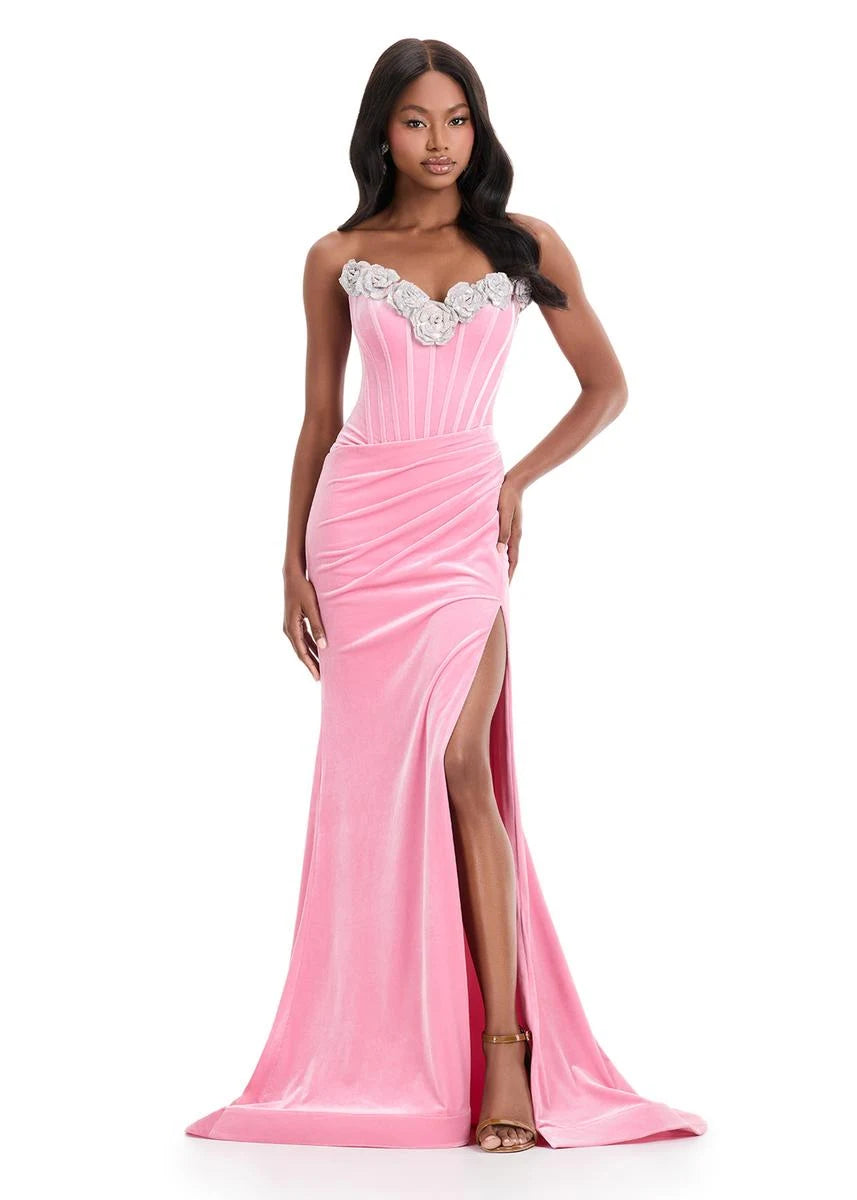 Glamorous Mermaid Sweetheart Sleeveless Floral High Slit Pink Floor-Length Prom Dress