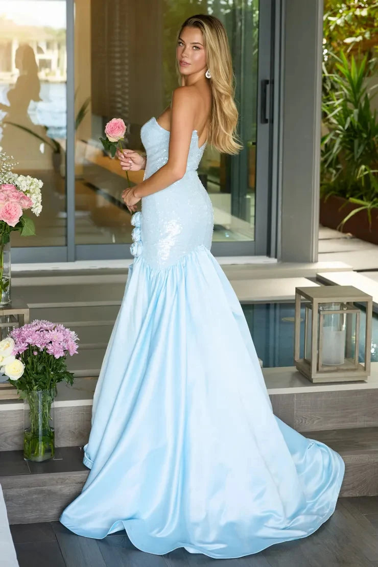 Glamorous Mermaid Sweetheart Sleeveless Floral Slit Blue Long Prom Dresses Gown