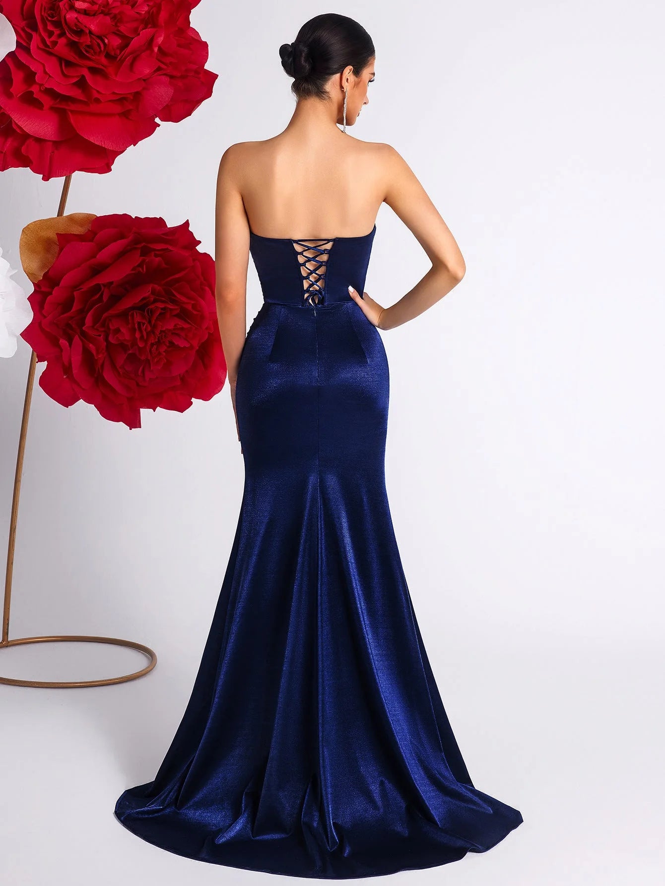 Glamorous Mermaid Sweetheart Sleeveless Ruched Slit Navy Blue Floor-Length Prom Dress