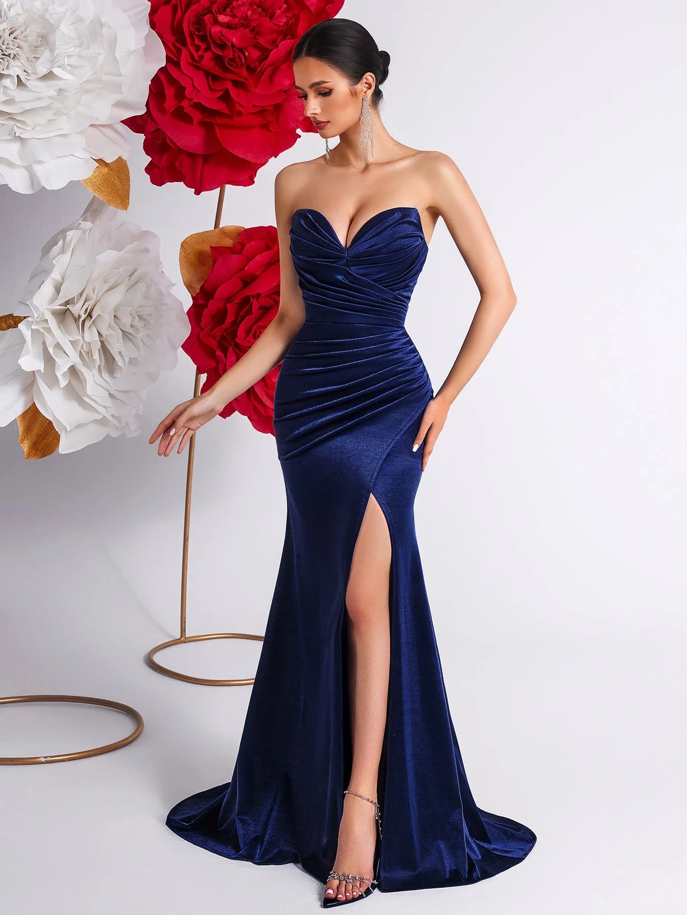 Glamorous Mermaid Sweetheart Sleeveless Ruched Slit Navy Blue Floor-Length Prom Dress