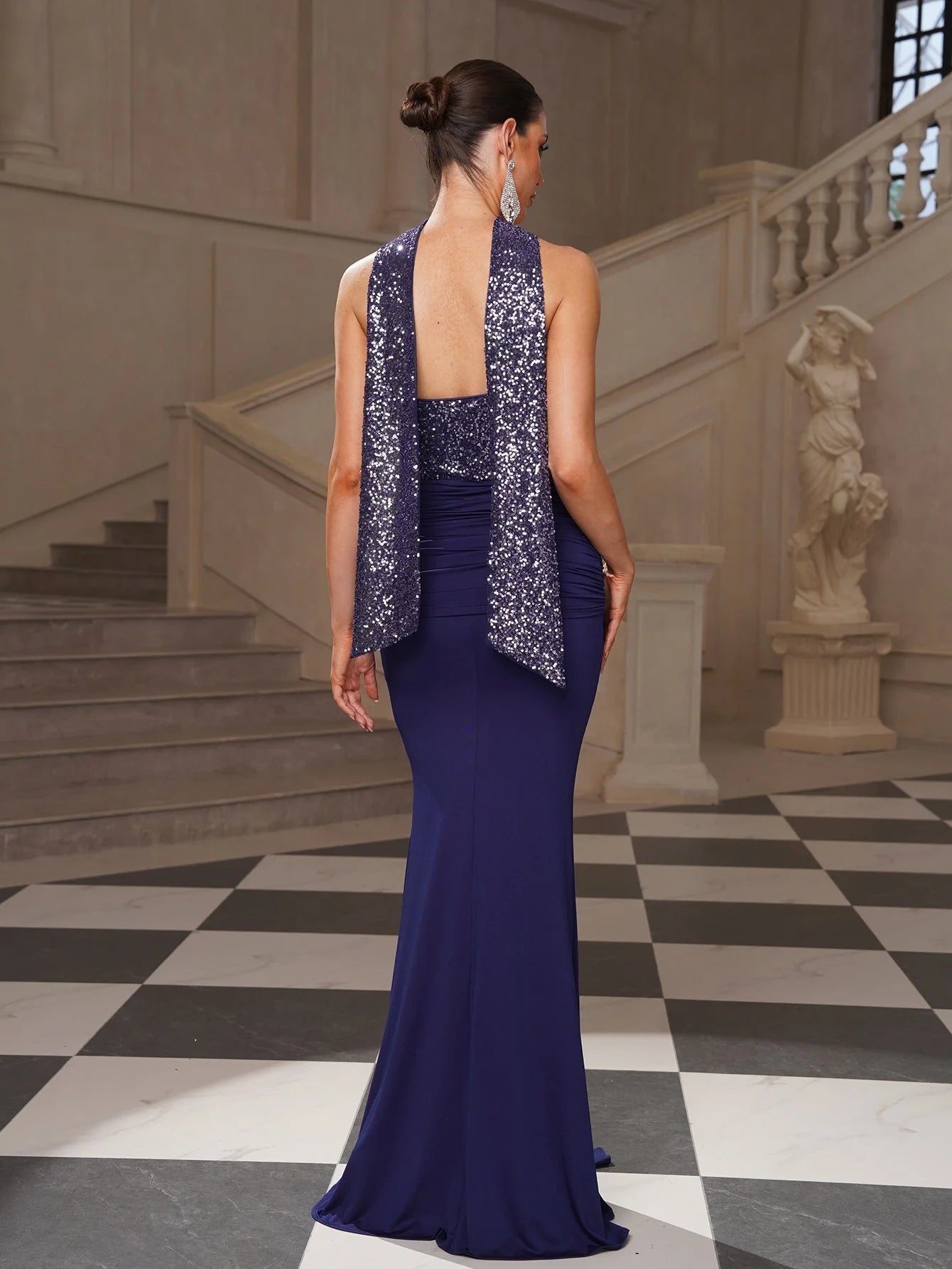 Glamorous Mermaid Sweetheart Sleeveless Sequin Draped Navy Blue Floor-Length Prom Dresses