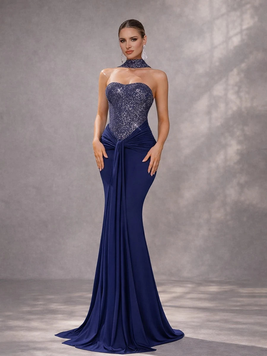 Glamorous Mermaid Sweetheart Sleeveless Sequin Draped Navy Blue Floor-Length Prom Dresses