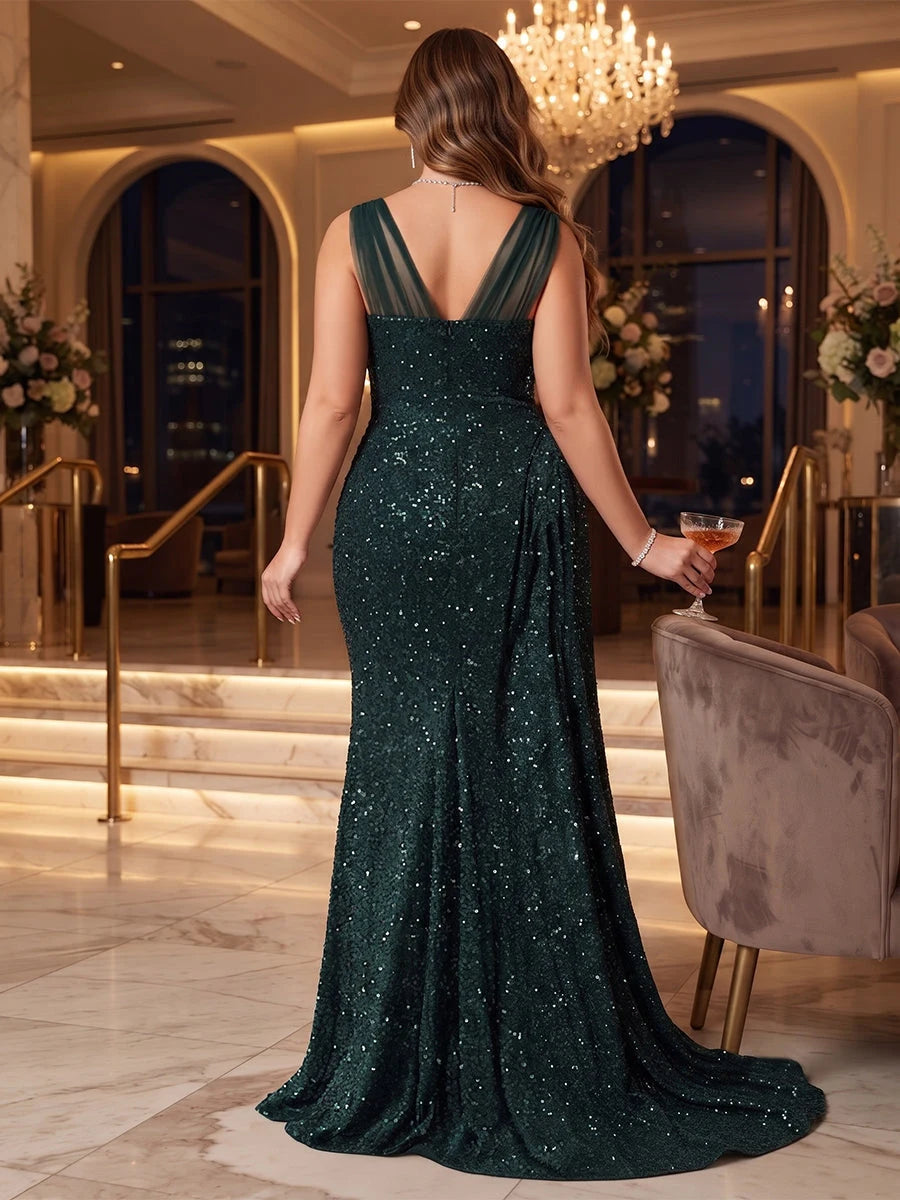 Glamorous Mermaid Sweetheart Sleeveless Sequin Slit Emerald Green Floor-Length Prom Gown