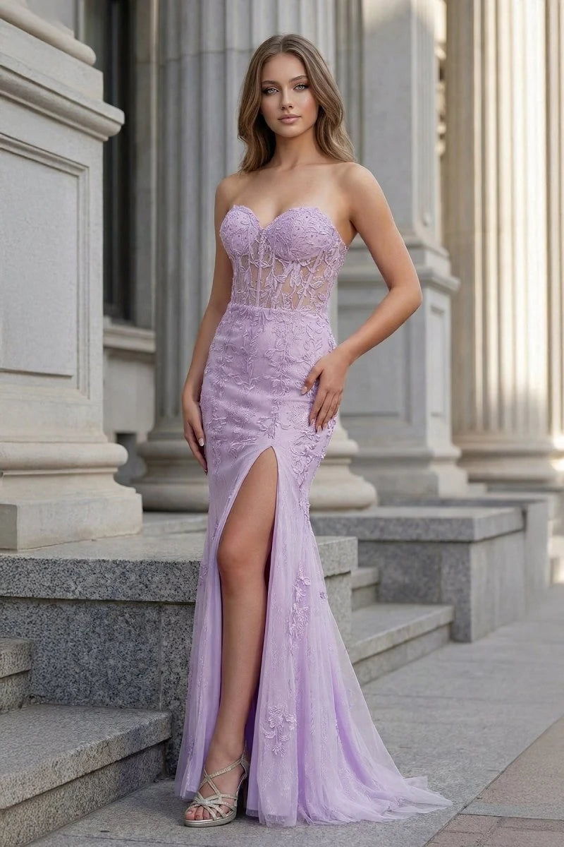 Glamorous Mermaid Sweetheart Sleeveless Slit Corset Lilac Long Prom Dresses Women Gown