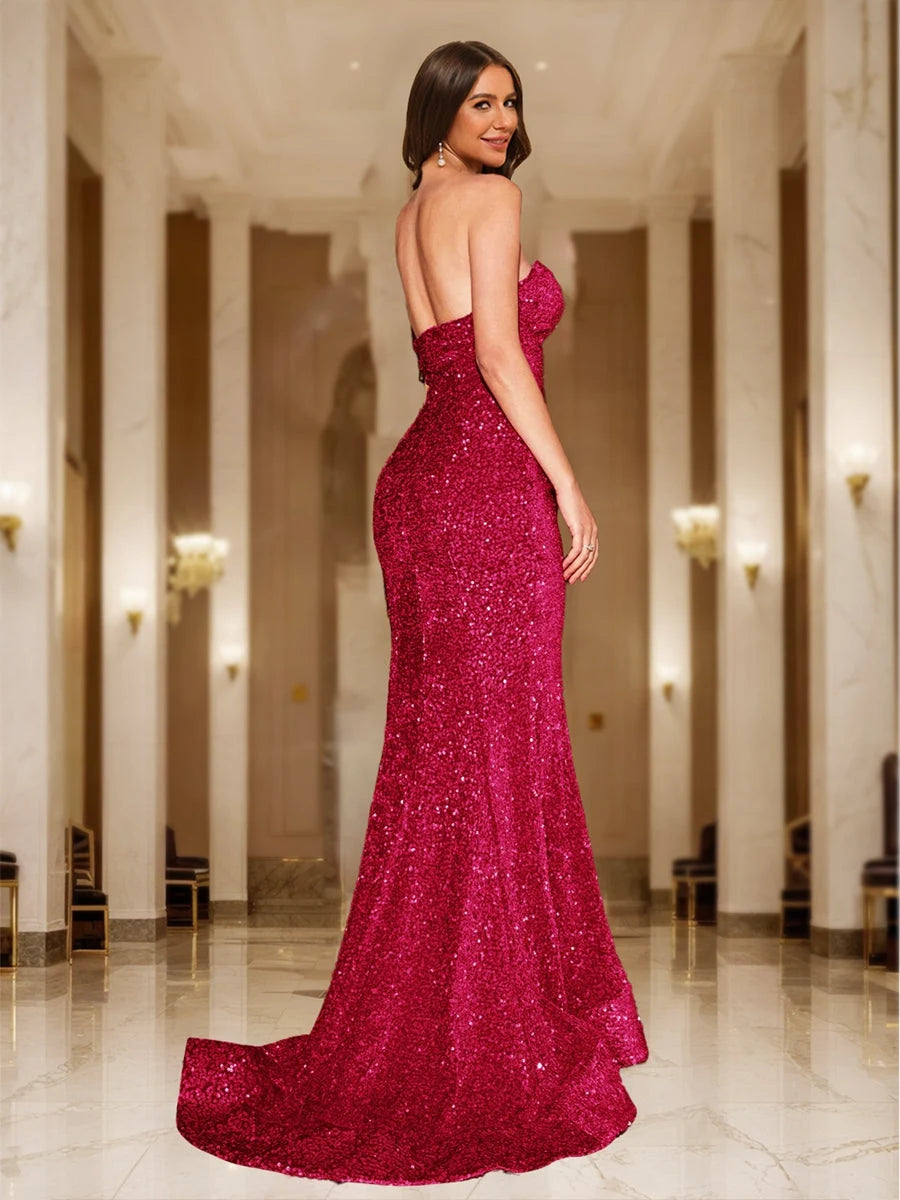 Glamorous Mermaid Sweetheart Sleeveless Sparkly Elegant Fuchsia Floor-Length Prom Dresses Women's Gown