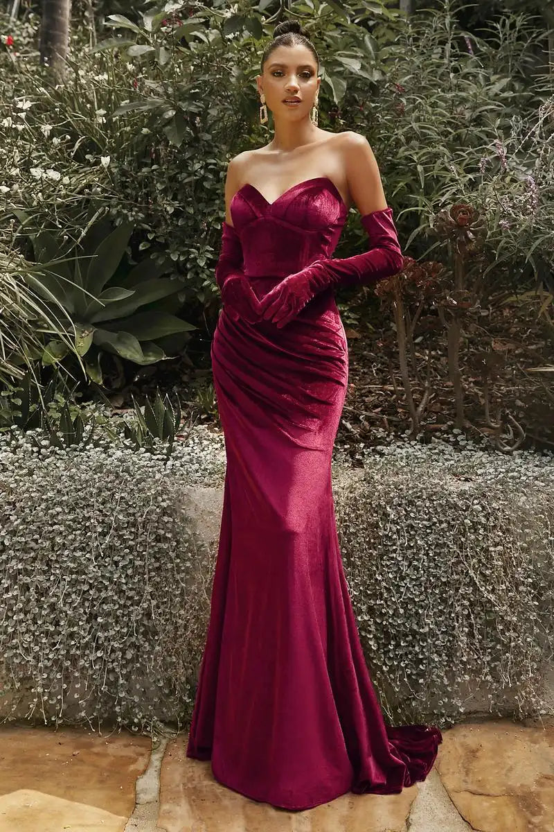 Glamorous Mermaid Sweetheart Strapless Elegant Ruched Wine Red Floor-Length Prom Dresses Women's Gown