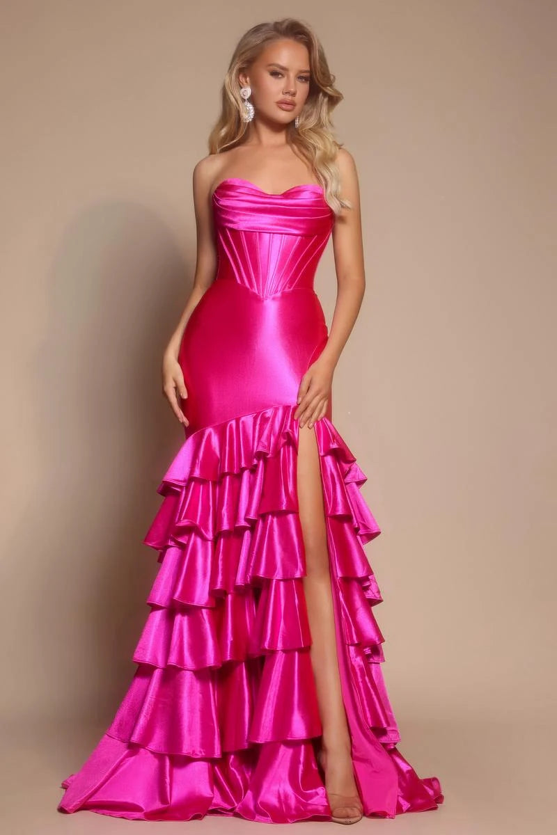 Glamorous Mermaid Sweetheart Strapless Ruffled Slit Fuchsia Floor-Length Prom Dress For Women