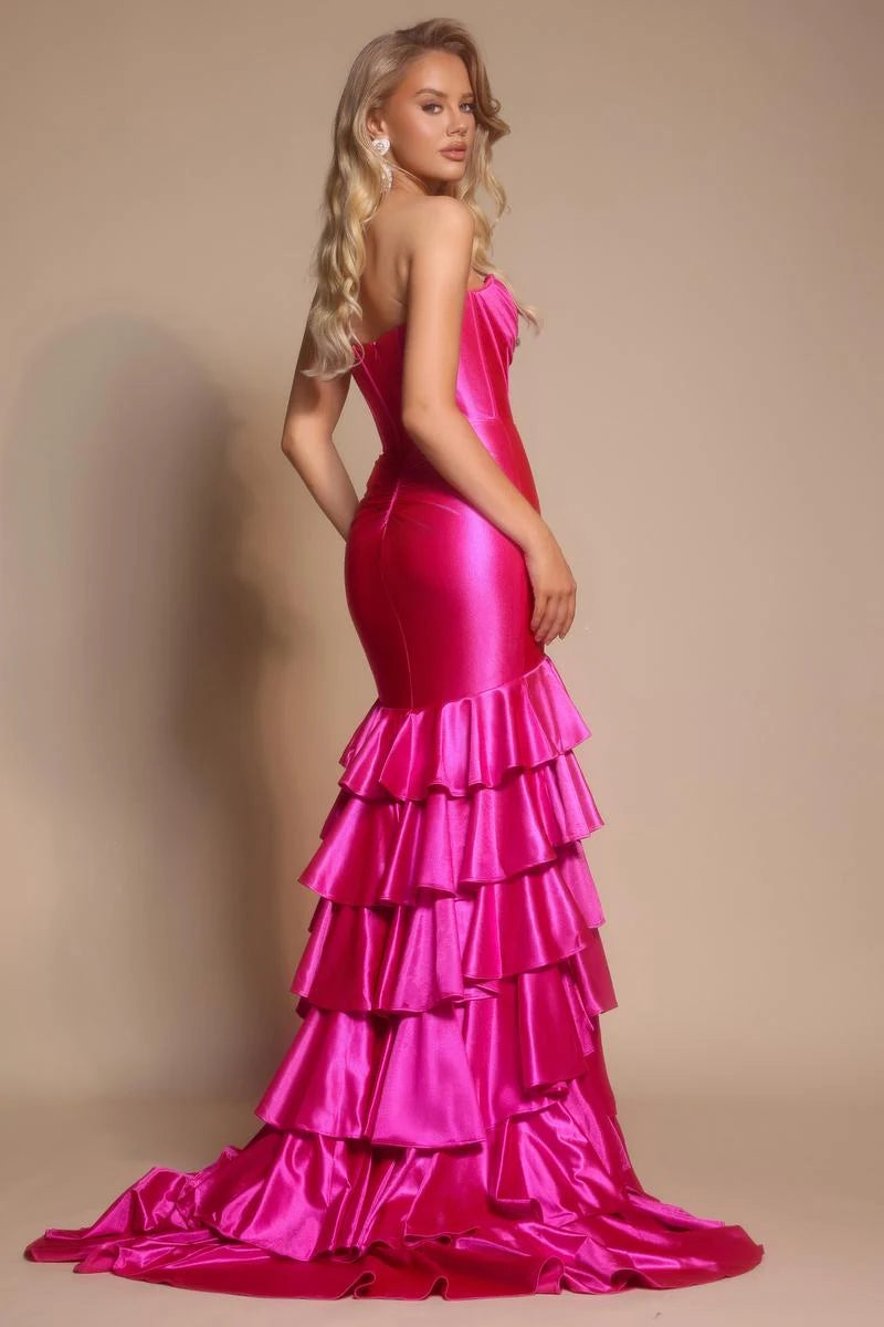 Glamorous Mermaid Sweetheart Strapless Ruffled Slit Fuchsia Floor-Length Prom Dress For Women