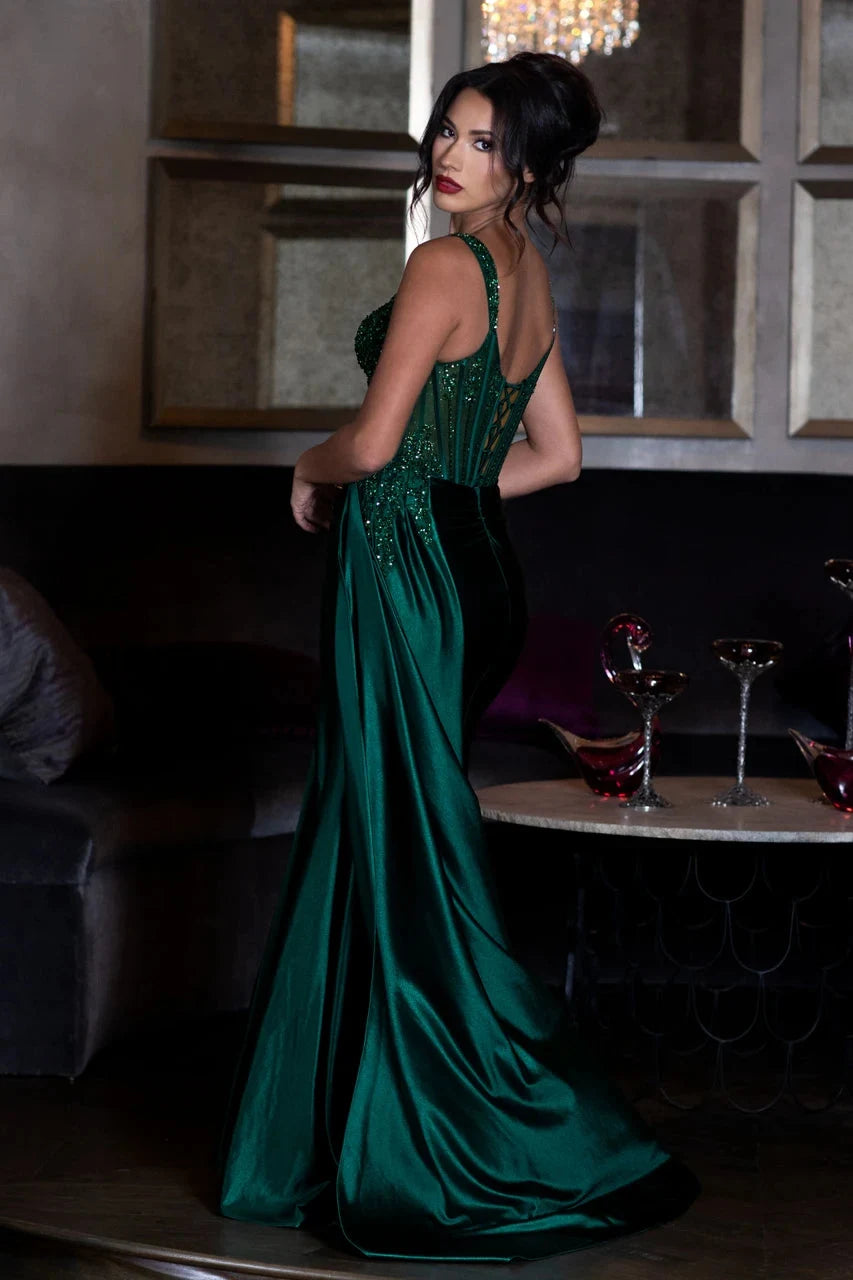 Glamorous Mermaid Sweetheart Strappy Beaded Draped Emerald Green Floor-Length Prom Dresses Women's