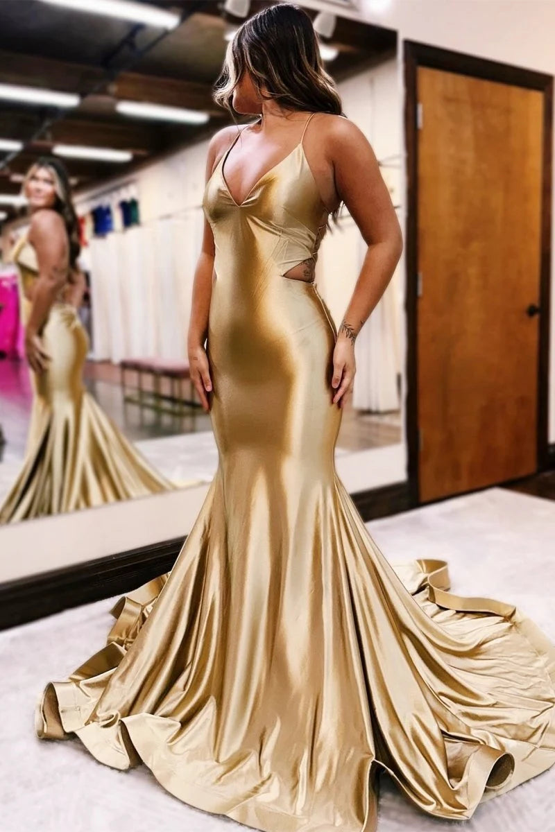 Glamorous Mermaid V-Neck Sleeveless Backless Cutout Gold Prom Dresses Women Gown