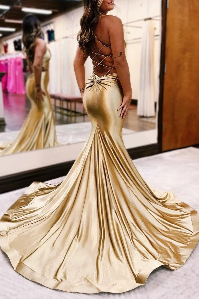 Glamorous Mermaid V-Neck Sleeveless Backless Cutout Gold Prom Dresses Women Gown