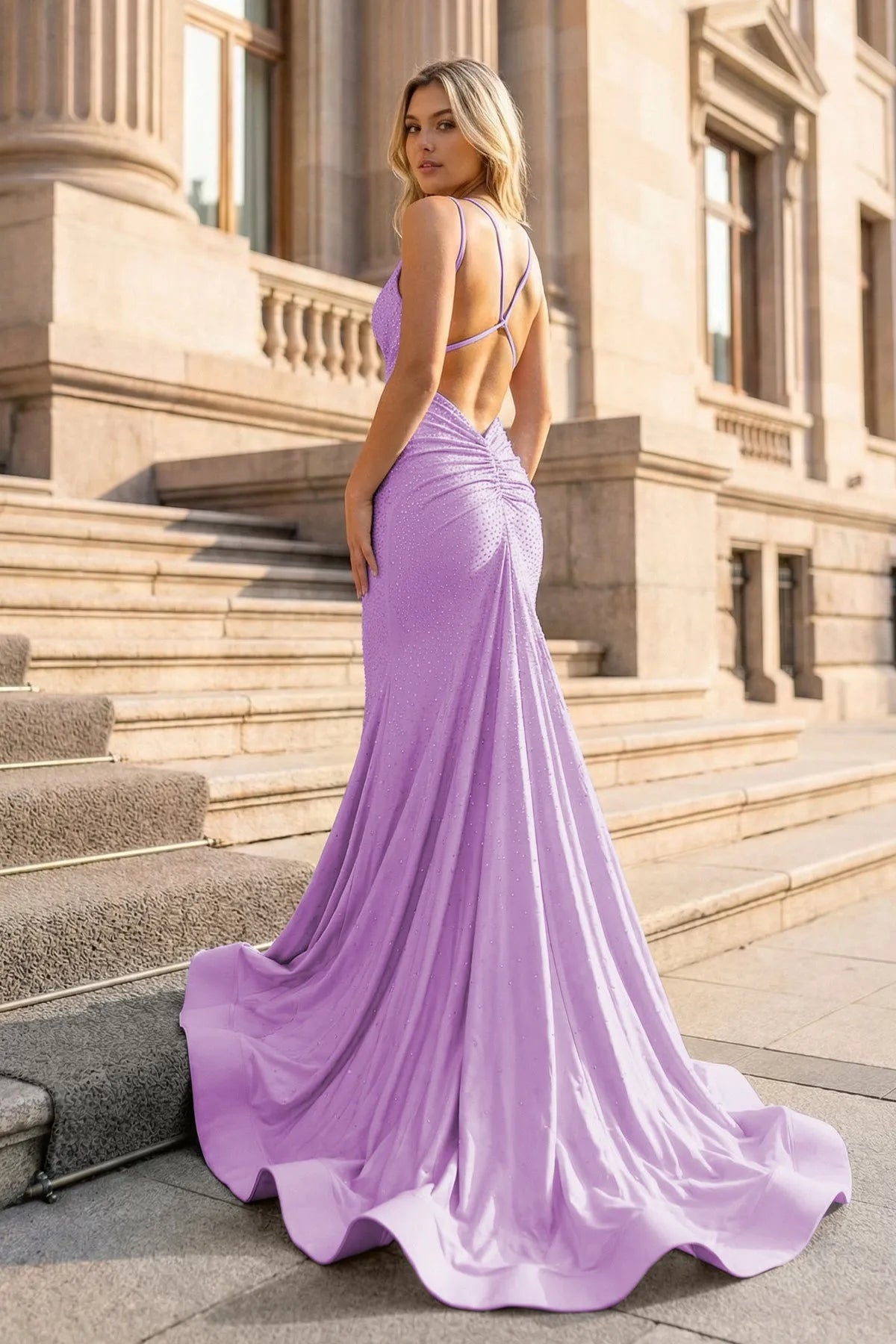 Glamorous Mermaid V-Neck Sleeveless Beaded Backless Lilac Long Prom Dresses Women