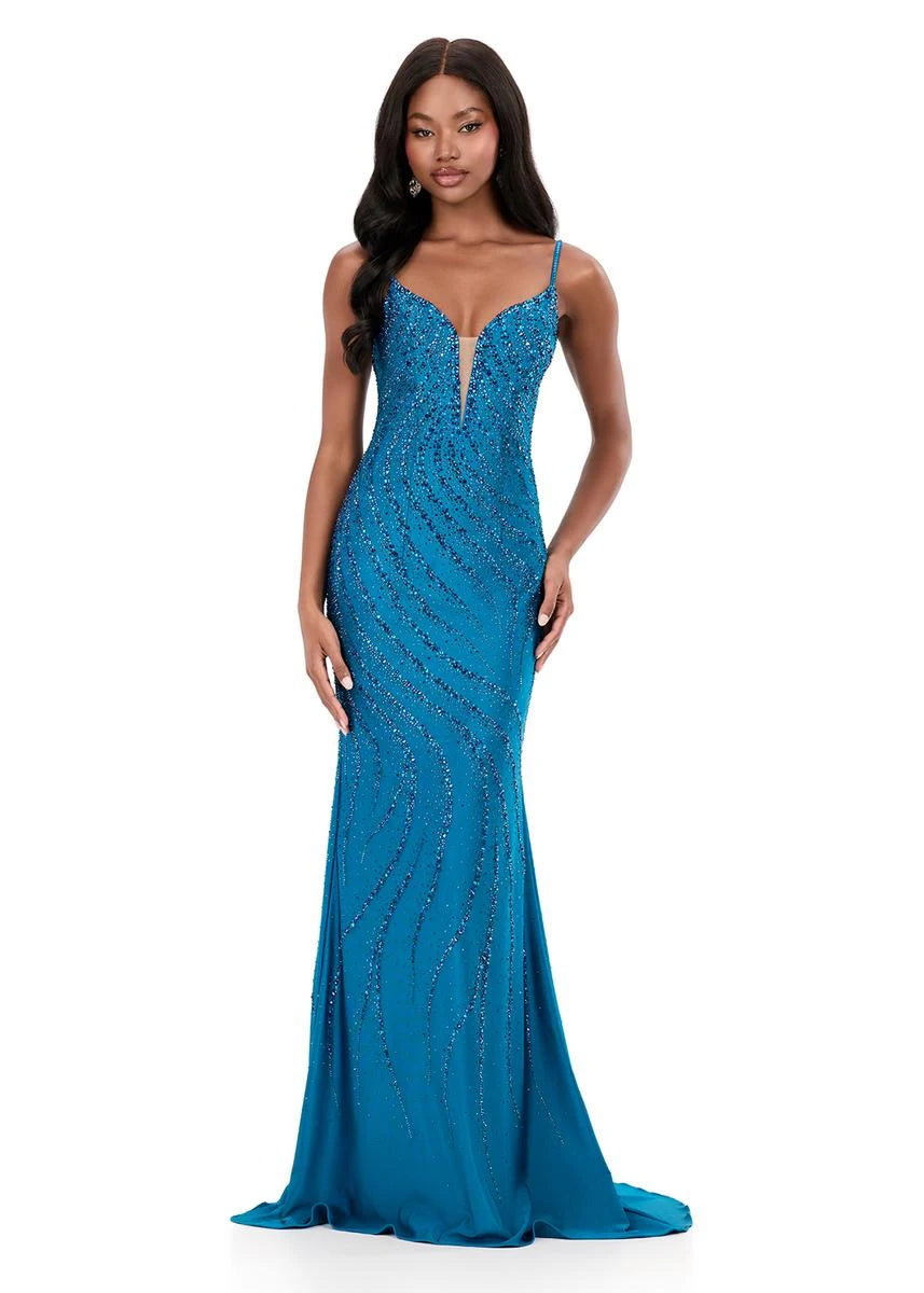 Glamorous Mermaid V-Neck Sleeveless Beaded Sparkling Teal Floor-Length Prom Dress