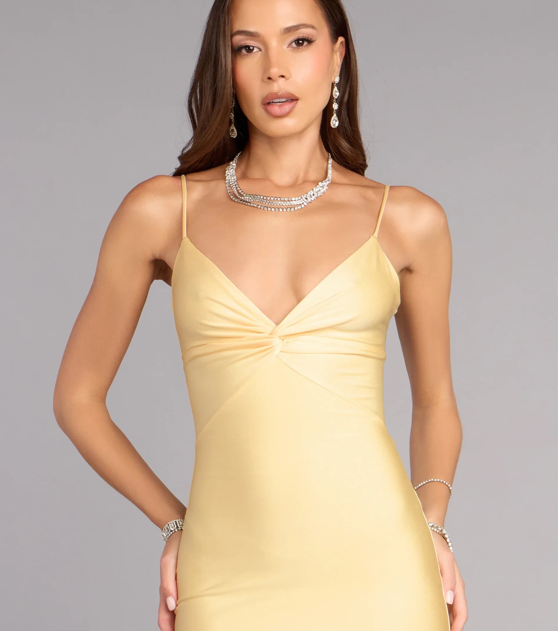 Glamorous Mermaid V-Neck Sleeveless Knot Front Yellow Floor-Length Prom Dress