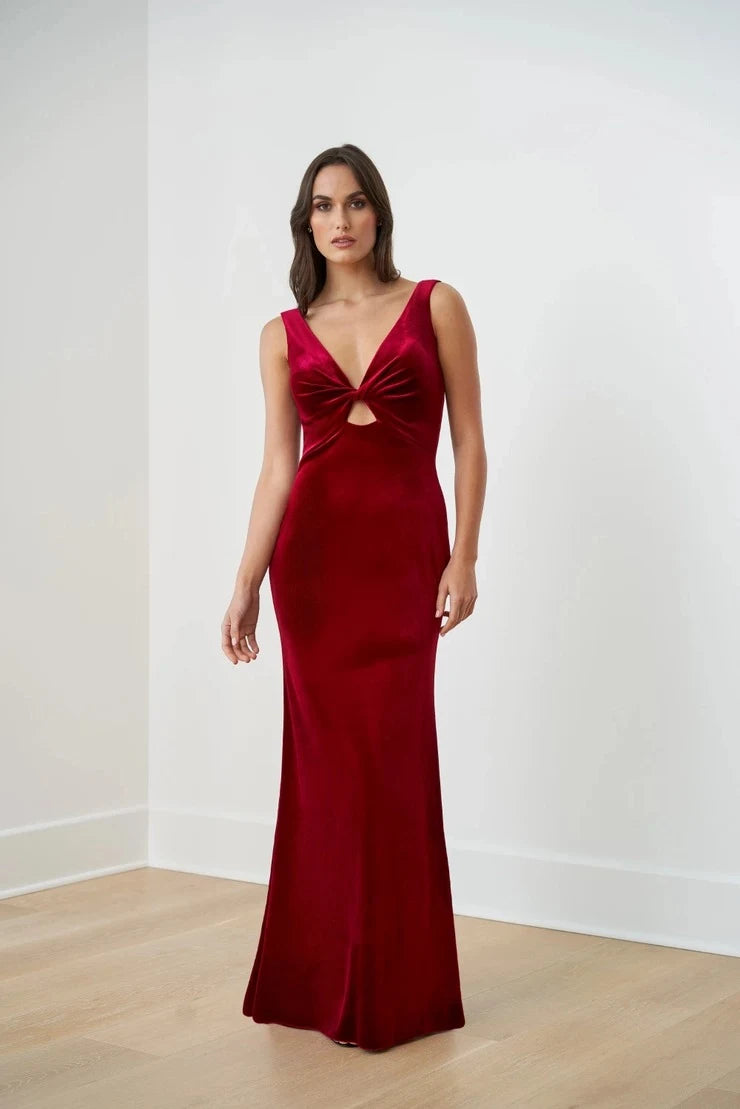Glamorous Mermaid V-Neck Sleeveless Twist-Front Burgundy Floor-Length Prom Gown