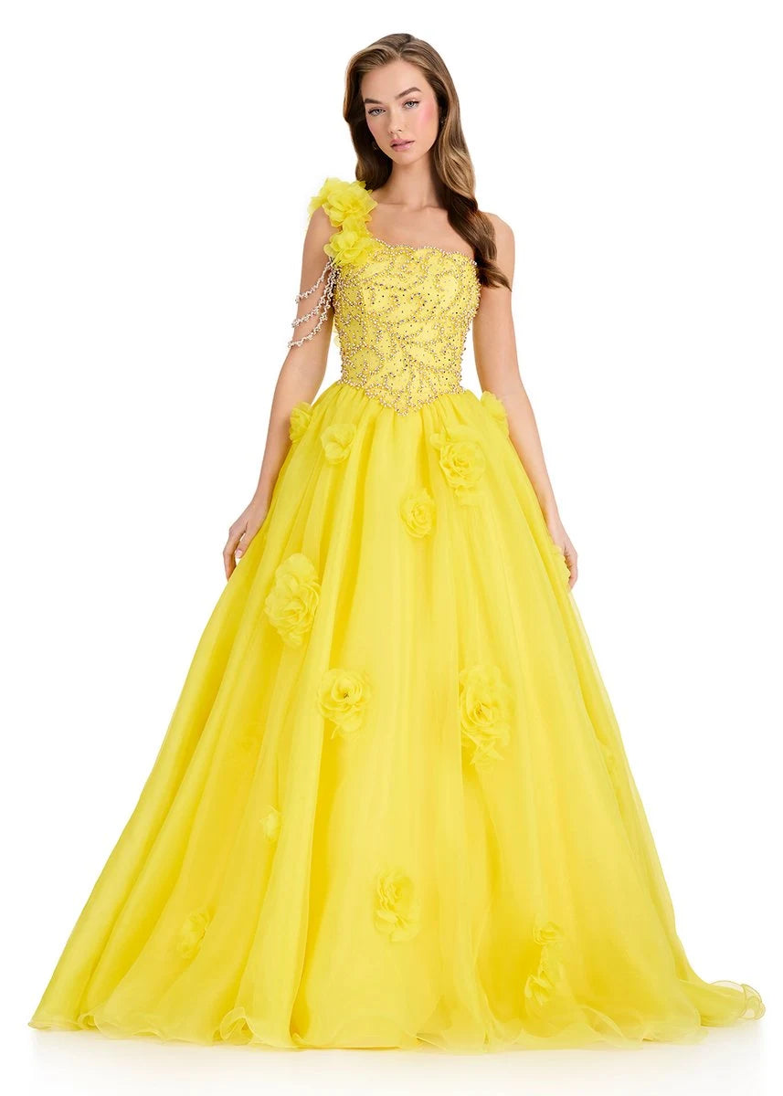 Glamorous One-Shoulder Beaded Floral Yellow Floor-Length Prom Dresses Gown