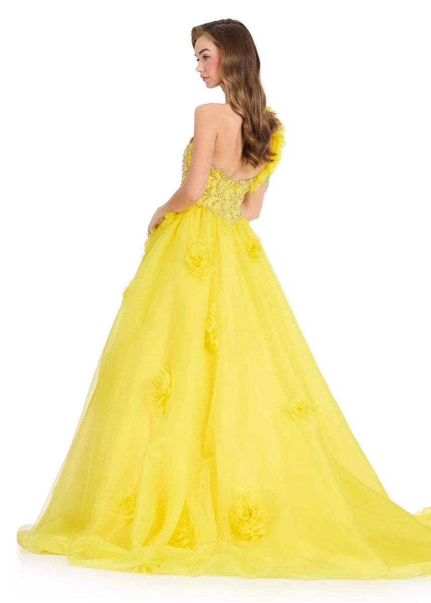 Glamorous One-Shoulder Beaded Floral Yellow Floor-Length Prom Dresses Gown