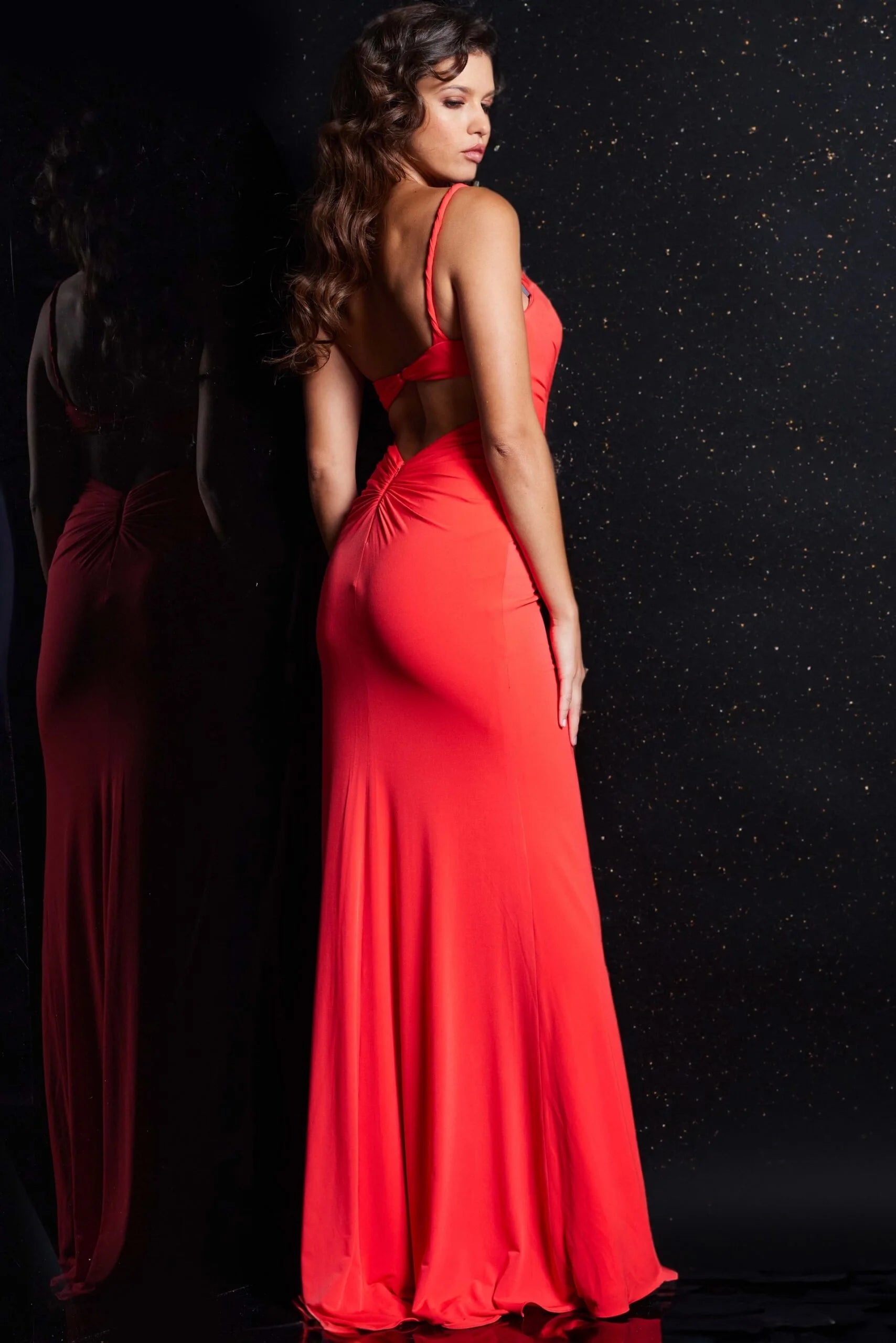 Glamorous One-Shoulder Sweetheart Ruched High Slit Coral Red Floor-Length Prom Gown