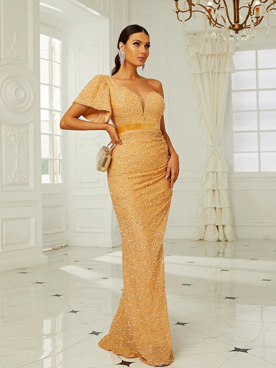 Glamorous One Shoulder Short Sleeve Sequin Gold Floor-Length Prom Dress
