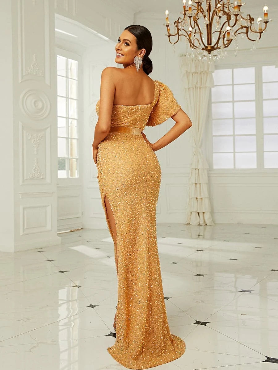 Glamorous One Shoulder Short Sleeve Sequin Gold Floor-Length Prom Dress