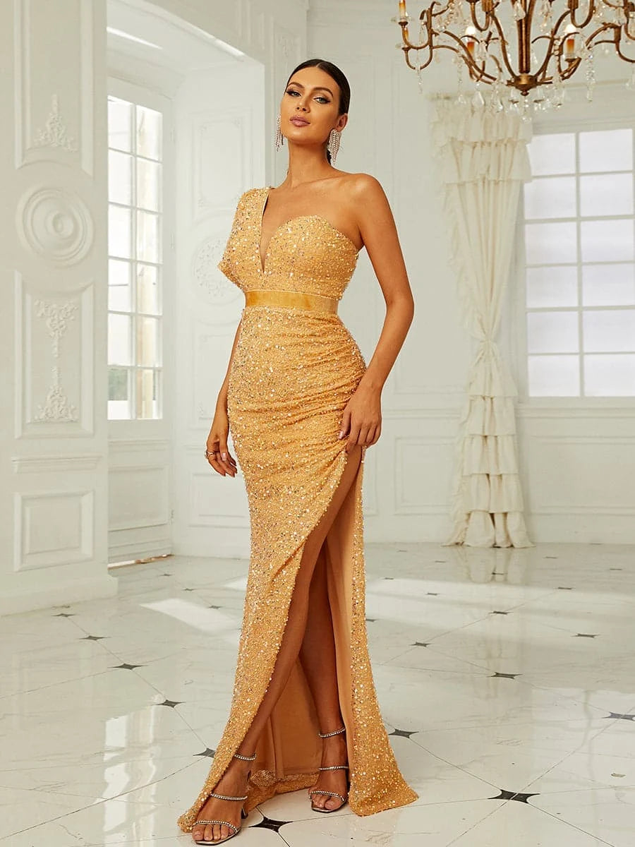 Glamorous One Shoulder Short Sleeve Sequin Gold Floor-Length Prom Dress