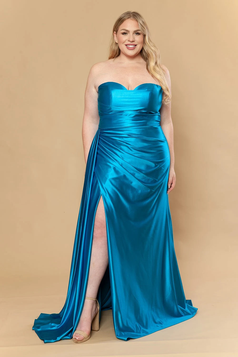 Glamorous Plus Size A-Line Sweetheart High Slit Teal Floor-Length Prom Gown