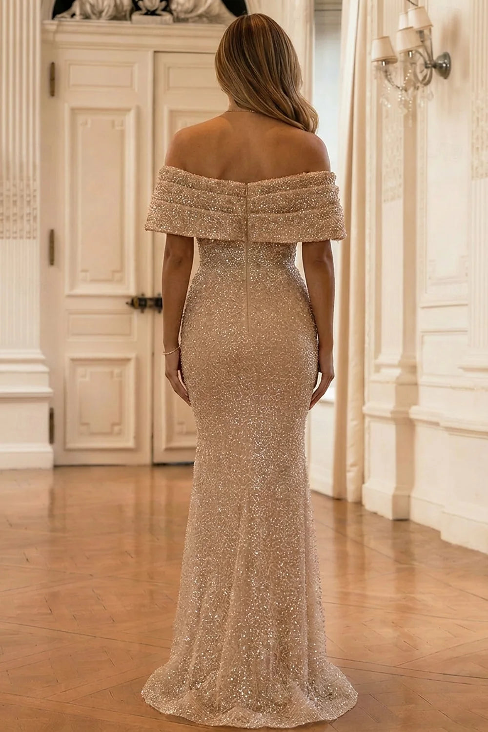 Glamorous Sequin Draped Off-Shoulder Mermaid Champagne Floor-Length Evening Gown