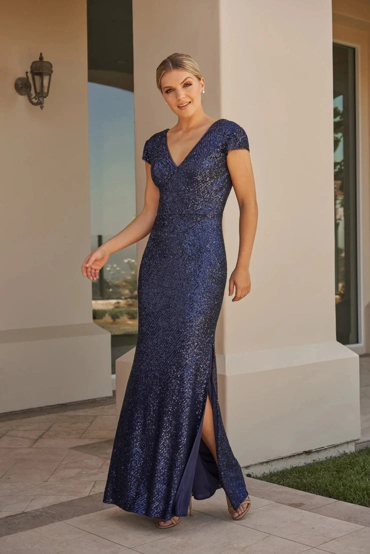 Glamorous Sequin Sheath V-Neck Cap Sleeve Navy Blue Floor-Length Prom Gown