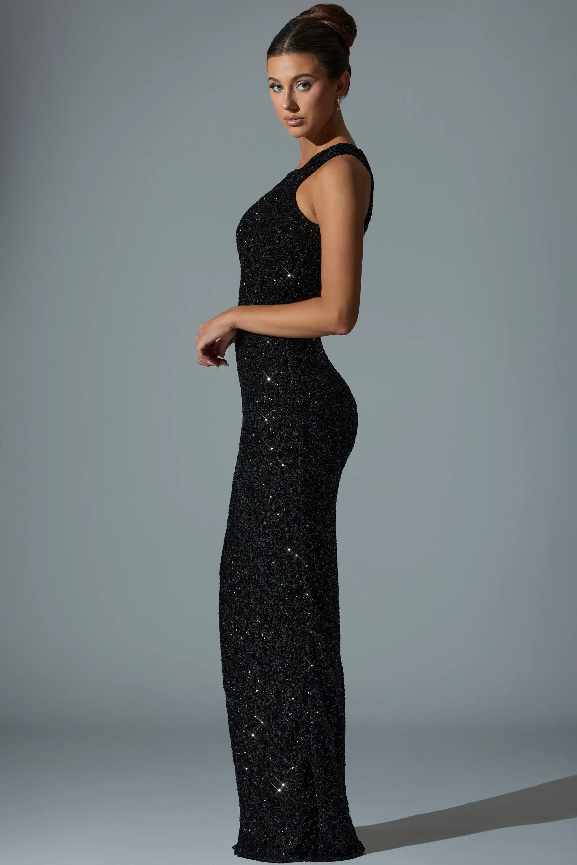 Glamorous Sheath Asymmetrical Sleeveless Cutout Sparkling Black Floor-Length Prom Dresses Women's Gown