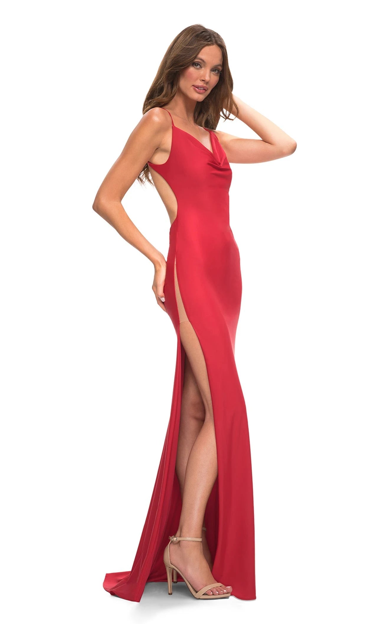 Glamorous Sheath Cowl Neck Sleeveless High Slit Backless Red Floor-Length Prom Gown
